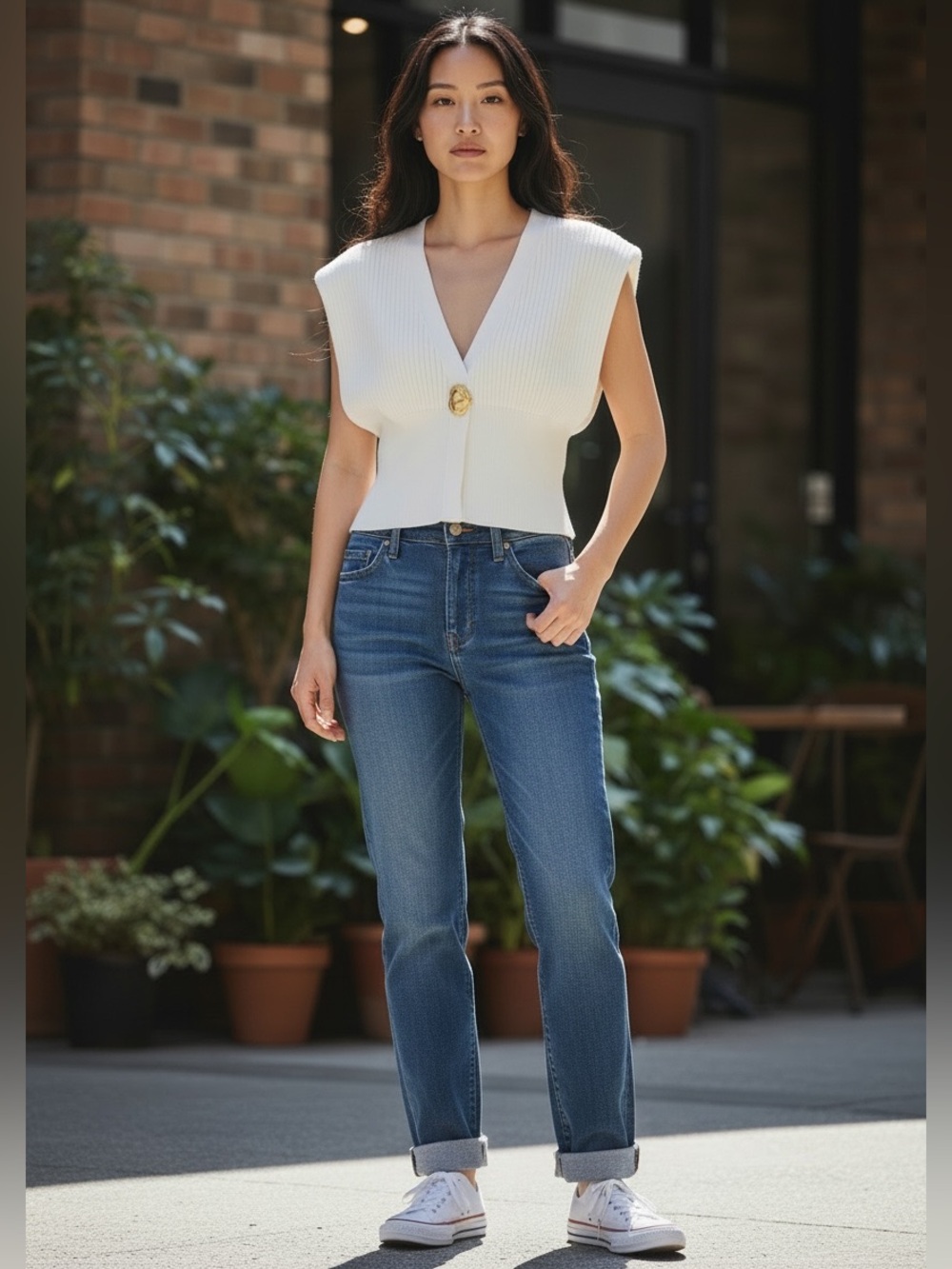 Commense Cream V-Neck Sweater Vest with Gold Button